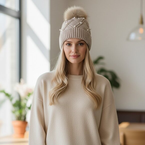 2/$30 Beige Stylish Knit Beanie with Faux Fur Pom-Pom & Pearl Embellishments - Picture 5 of 5